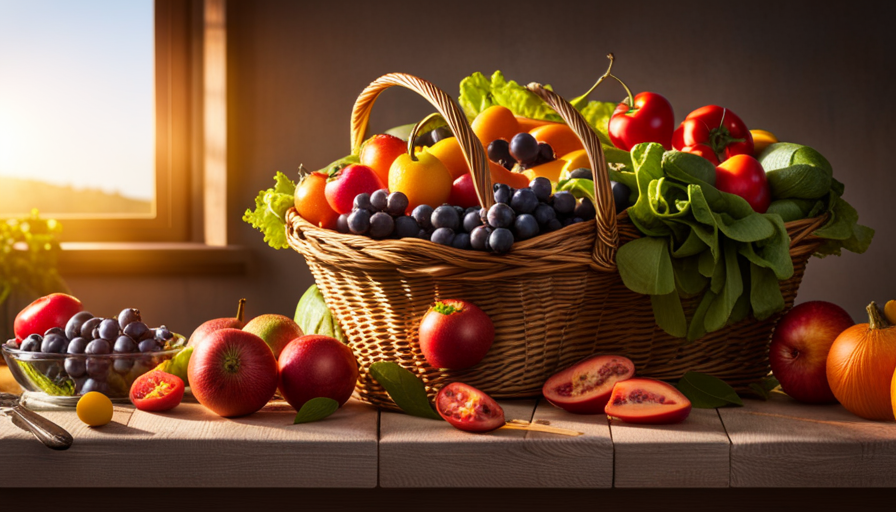An image featuring an overflowing basket of vibrant, organic fruits and vegetables, arranged artfully on a rustic wooden table