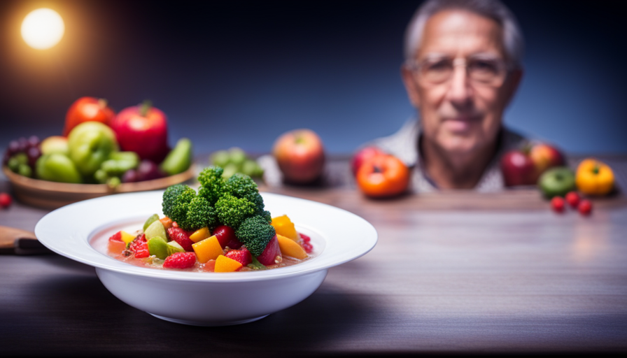 An image showcasing a person sitting at a beautifully set dining table, surrounded by vibrant, colorful raw fruits and vegetables