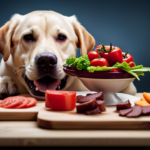 An image showcasing a Labrador happily devouring a fresh, vibrant meal consisting of raw, nutrient-rich ingredients like lean meats, colorful vegetables, and juicy fruits, perfectly prepared for a whole-food raw diet