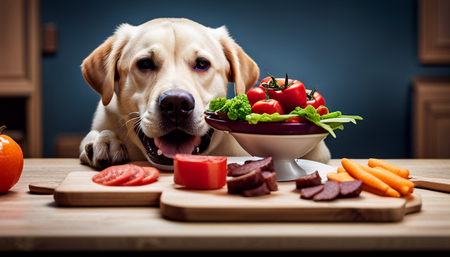 An image showcasing a Labrador happily devouring a fresh, vibrant meal consisting of raw, nutrient-rich ingredients like lean meats, colorful vegetables, and juicy fruits, perfectly prepared for a whole-food raw diet