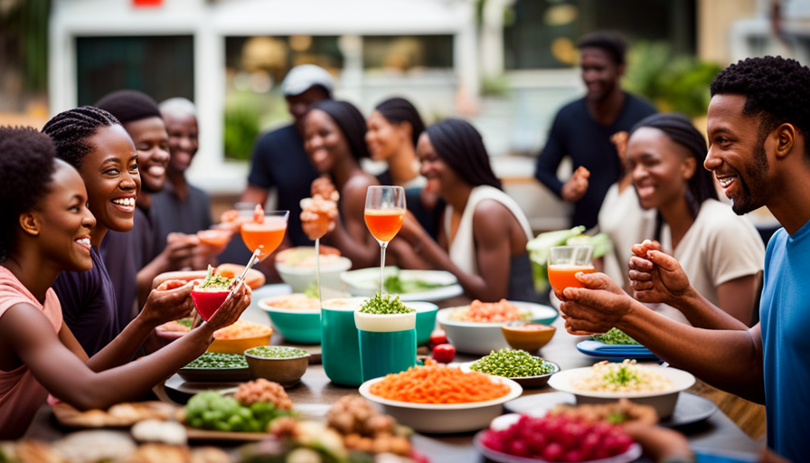 An image showcasing a diverse group of individuals smiling while enjoying vibrant, colorful raw food meals