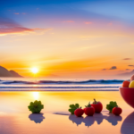 An image showcasing a serene beach sunset, with a vibrant bowl of fresh fruits and vegetables in the foreground