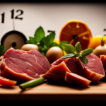 An image of a kitchen counter with a clock showing the passing hours, surrounded by various raw meat cuts, vegetables, and fruits gradually decaying, illustrating the diminishing safety of primal raw food as time elapses