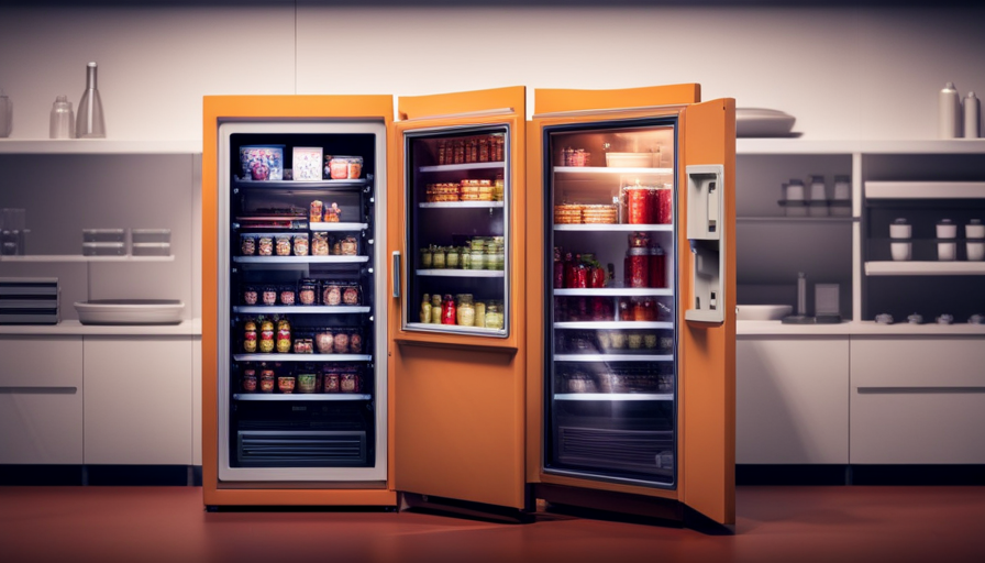 An image showcasing a refrigerator with a transparent door, revealing a sealed package of raw chicken positioned on the middle shelf