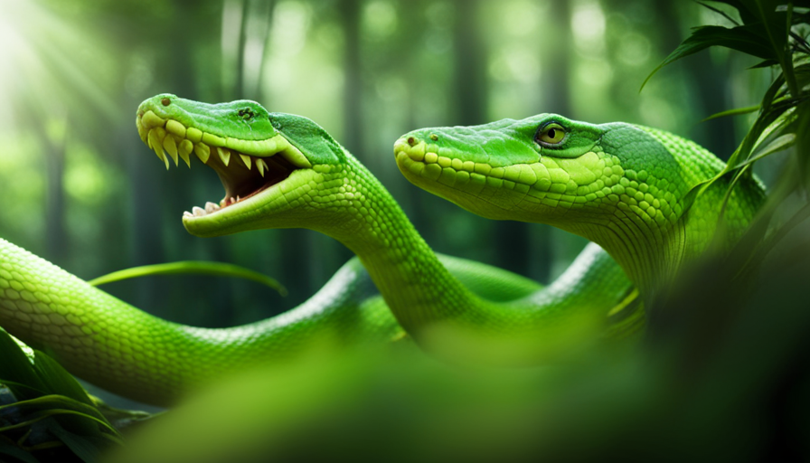 An image showcasing a vibrant green serpent slithering through a lush jungle, as a person consumes raw, nourishing fruits and vegetables, symbolizing the journey of flushing out toxins and rejuvenating the body