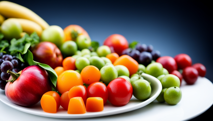 An image showcasing a vibrant plate filled with an assortment of colorful raw fruits and vegetables