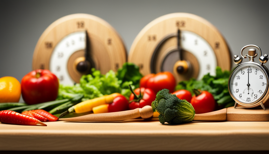 An image depicting a vibrant assortment of raw fruits and vegetables neatly arranged on a wooden chopping board, with a stopwatch placed next to them, capturing the freshness and countdown to their eventual decay