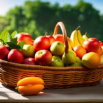 An image featuring a vibrant, overflowing fruit basket, surrounded by lush green leaves