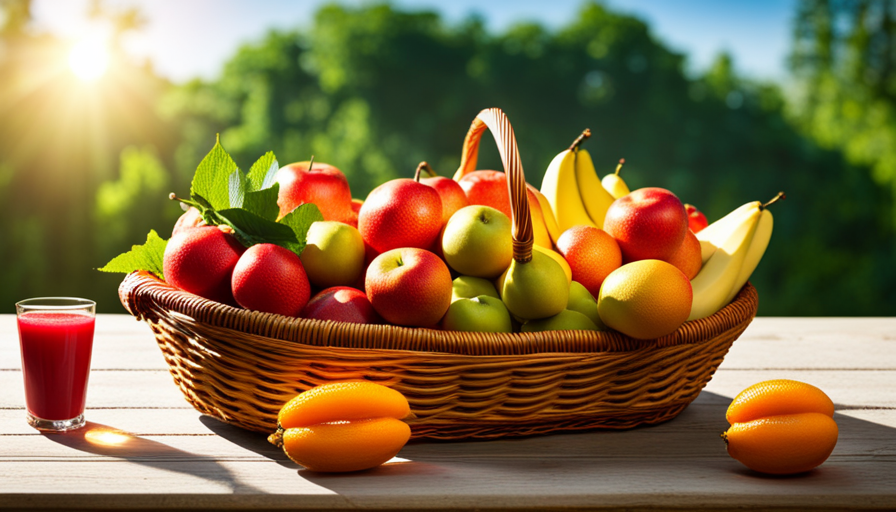 An image featuring a vibrant, overflowing fruit basket, surrounded by lush green leaves
