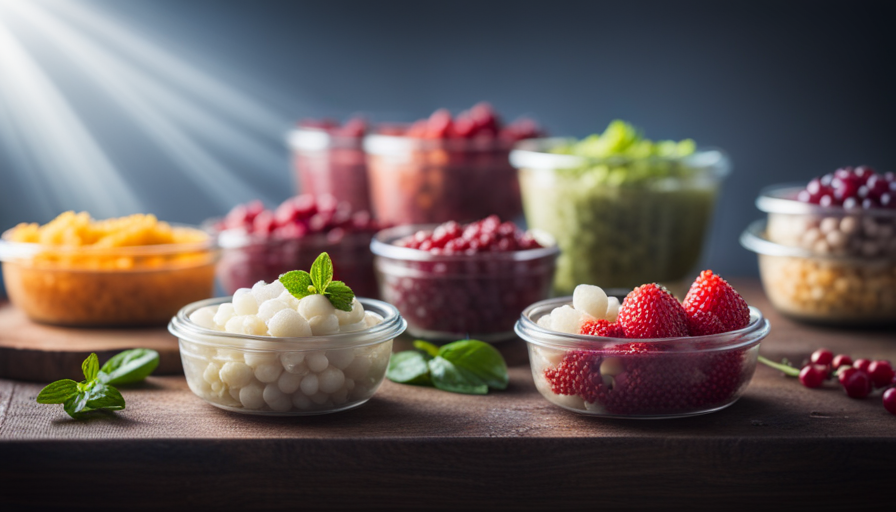 An image showcasing a diverse array of raw foods, carefully arranged in individual freezer-safe containers