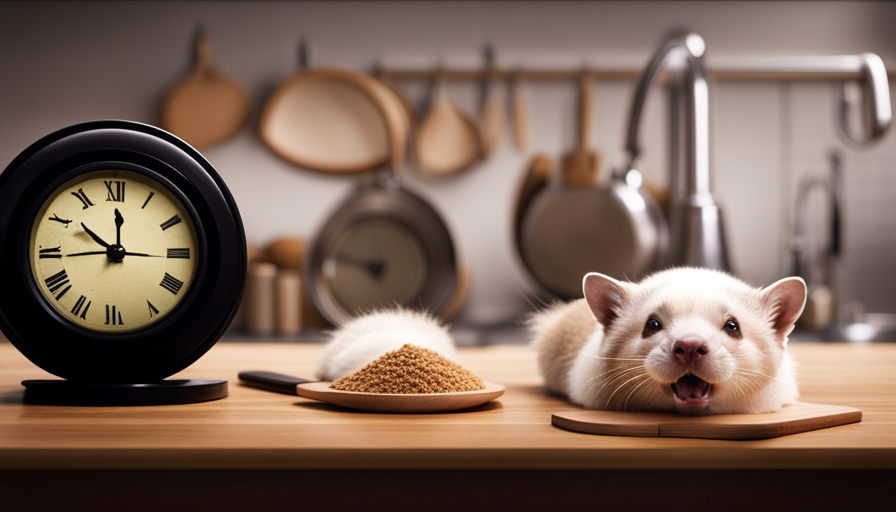 An image showcasing a raw food bowl placed on a kitchen counter, surrounded by a digital clock displaying the time, emphasizing the need for viewers to understand the appropriate duration to leave raw food out for their ferrets