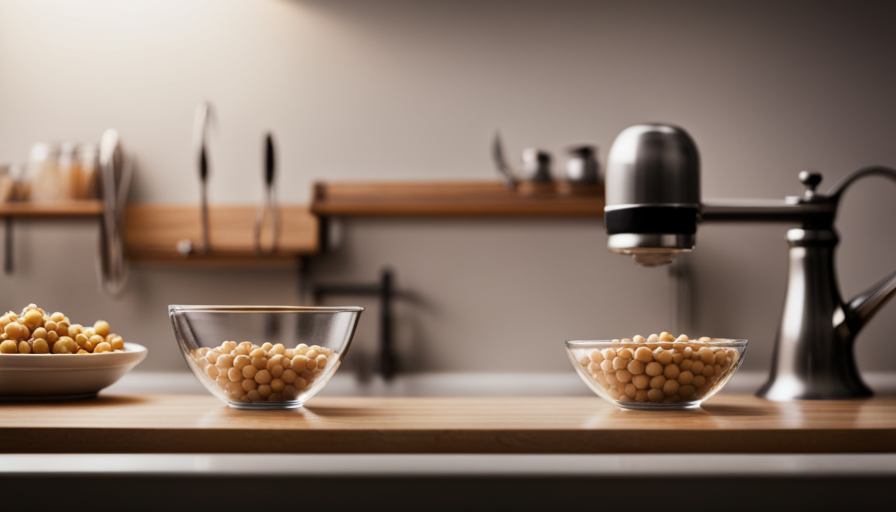 An image showcasing a clear glass bowl filled with uncooked chickpeas submerged in water, surrounded by a kitchen counter with a timer set for 12 hours, emphasizing the process of soaking chickpeas for optimal raw food preparation