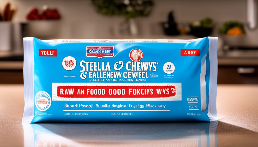 An image showcasing a sealed package of Stella & Chewy's raw food gently defrosting on a clean countertop