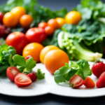 An image showcasing a vibrant plate filled with an array of colorful fruits, vegetables, and leafy greens