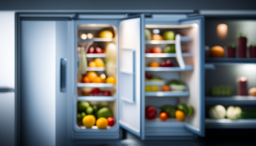 An image capturing a refrigerator filled with fresh fruits, vegetables, and raw meat neatly arranged on shelves