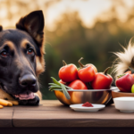 An image of a German Shepherd eagerly sniffing at a bowl of fresh, raw meat, surrounded by an assortment of vibrant, organic fruits and vegetables