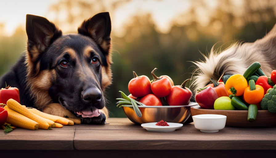 An image of a German Shepherd eagerly sniffing at a bowl of fresh, raw meat, surrounded by an assortment of vibrant, organic fruits and vegetables