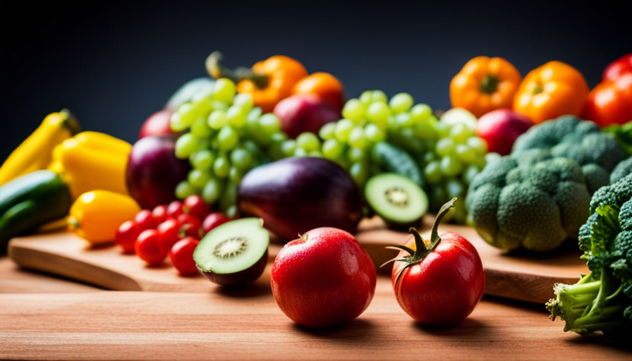 An image showcasing a colorful array of fresh, raw fruits and vegetables, neatly arranged on a wooden cutting board