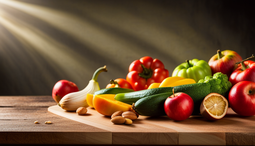 An image showcasing a vibrant assortment of raw fruits, vegetables, and nuts, meticulously arranged on a pristine wooden cutting board