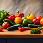 An image showcasing a vibrant assortment of fresh fruits, vegetables, and leafy greens artistically arranged on a wooden cutting board