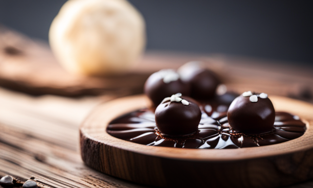 An image showcasing a close-up of luscious, bite-sized raw cacao balls on a rustic wooden platter