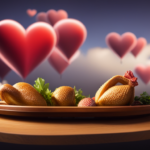 An image showcasing a roasted chicken on a wooden plate, surrounded by Minecraft-style hearts and hunger bars
