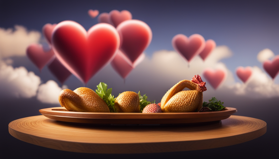 An image showcasing a roasted chicken on a wooden plate, surrounded by Minecraft-style hearts and hunger bars