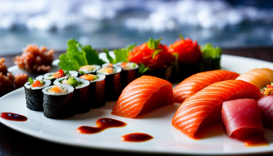 An image showcasing a variety of raw fish dishes, such as sushi, sashimi, and ceviche, with an emphasis on vibrant colors, intricate presentation, and freshness