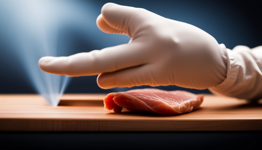 An image showcasing a gloved hand reaching towards a raw chicken breast on a cutting board
