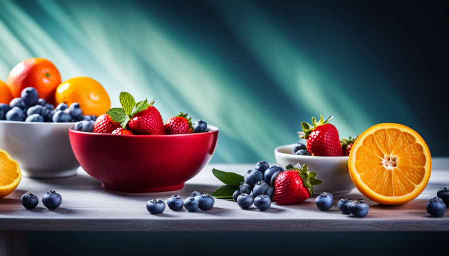 An image featuring a vibrant, overflowing fruit bowl with an assortment of colorful, antioxidant-rich fruits like blueberries, strawberries, and oranges