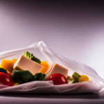 -up image of a transparent, high-quality plastic bag filled with vibrant, raw vegetables and marinated tofu, neatly arranged in layers, ready to be cooked sous vide style