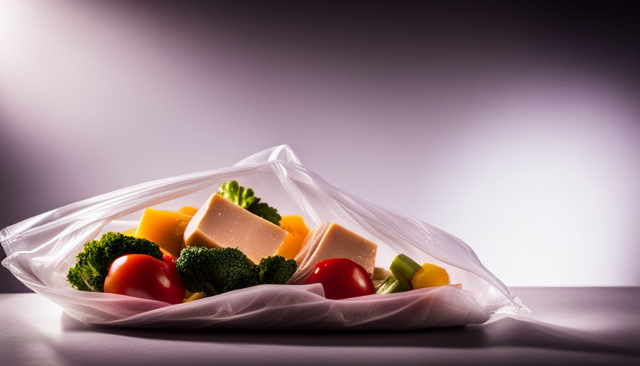 -up image of a transparent, high-quality plastic bag filled with vibrant, raw vegetables and marinated tofu, neatly arranged in layers, ready to be cooked sous vide style