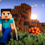 An image showcasing a Minecraft player surrounded by a lush, blocky landscape
