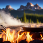 An image showing a rustic cast iron pan positioned on a crackling campfire