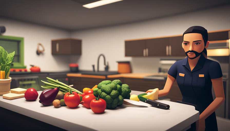 An image showcasing a vibrant kitchen scene in Unturned, where a player skillfully prepares a platter of fresh vegetables