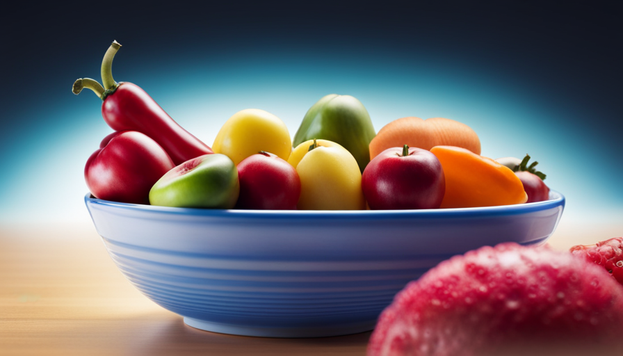 An image showcasing a vibrant bowl of fresh, colorful fruits and vegetables, radiating natural vitality
