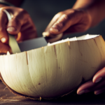 An image showcasing the step-by-step process of cutting a young coconut