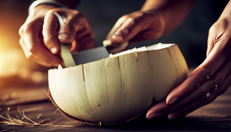 An image showcasing the step-by-step process of cutting a young coconut