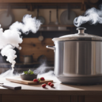  the essence of decontaminating a crock pot after raw food was left in it: A close-up shot of steam billowing from the pot's open lid, while a pair of gloved hands meticulously scrub away residue using a soapy sponge