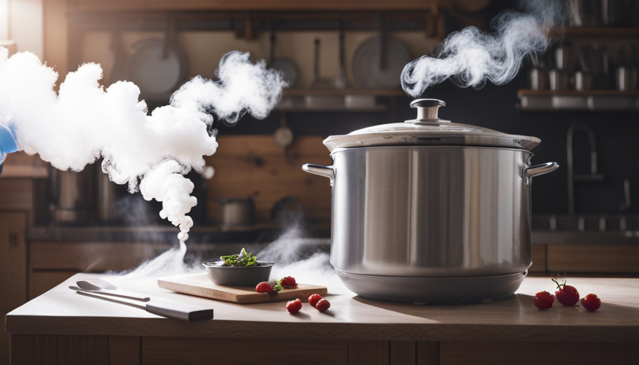the essence of decontaminating a crock pot after raw food was left in it: A close-up shot of steam billowing from the pot's open lid, while a pair of gloved hands meticulously scrub away residue using a soapy sponge