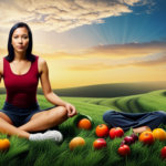 An image showcasing a serene scene of a person sitting cross-legged on a grassy field, surrounded by an assortment of colorful raw vegan fruits and vegetables, with a gentle stream flowing nearby