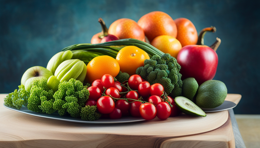 An image showcasing a vibrant plate filled with an assortment of fresh, colorful raw fruits and vegetables