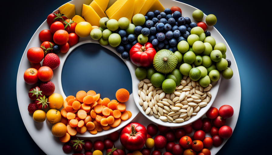 An image showcasing a vibrant, colorful plate filled with fresh, uncooked fruits, vegetables, nuts, and seeds
