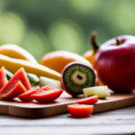 An image showcasing a diverse assortment of vibrant, nutrient-rich fruits and vegetables, meticulously arranged on a rustic wooden cutting board