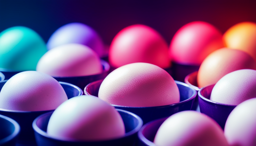 An image showcasing a dozen white raw eggs immersed in vibrant bowls of food coloring