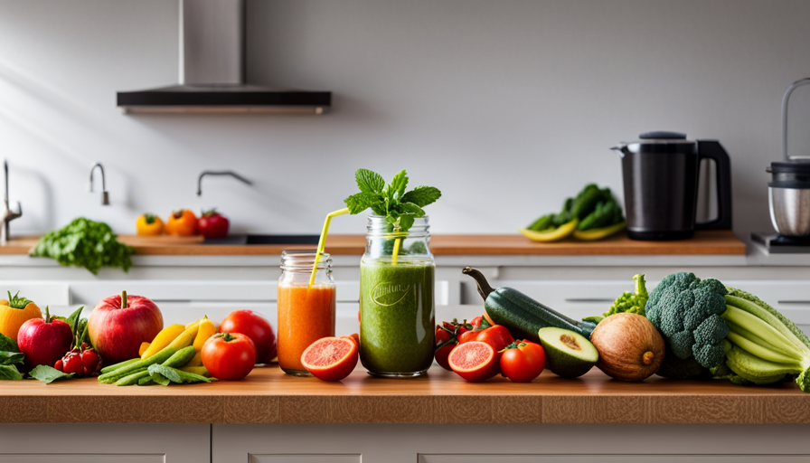 An image showcasing a serene kitchen scene with a vibrant assortment of freshly picked fruits and vegetables, artistically arranged on a wooden cutting board, alongside a sleek blender and a glass of invigorating green smoothie