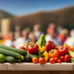 An image showcasing a colorful, bountiful farmers' market bursting with vibrant fruits and vegetables