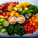 An image showcasing a vibrant, rainbow-hued plate filled with an assortment of freshly sliced fruits, crisp leafy greens, and colorful vegetables, enticingly arranged and ready to be savored on a raw food diet