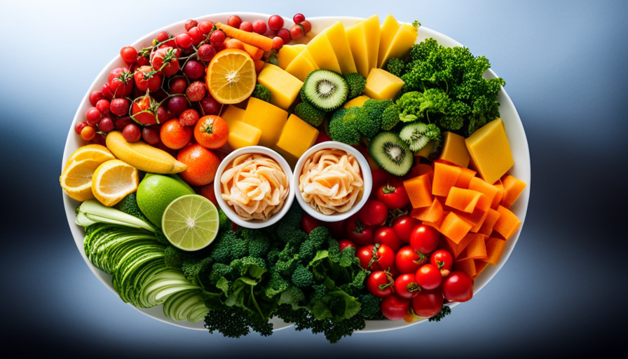 An image showcasing a vibrant, rainbow-hued plate filled with an assortment of freshly sliced fruits, crisp leafy greens, and colorful vegetables, enticingly arranged and ready to be savored on a raw food diet