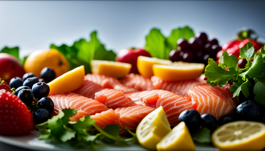 An image capturing a vibrant plate filled with a colorful array of fresh fruits, leafy greens, and raw seafood, beautifully arranged to showcase the diversity and abundance of an omnivorous raw food diet
